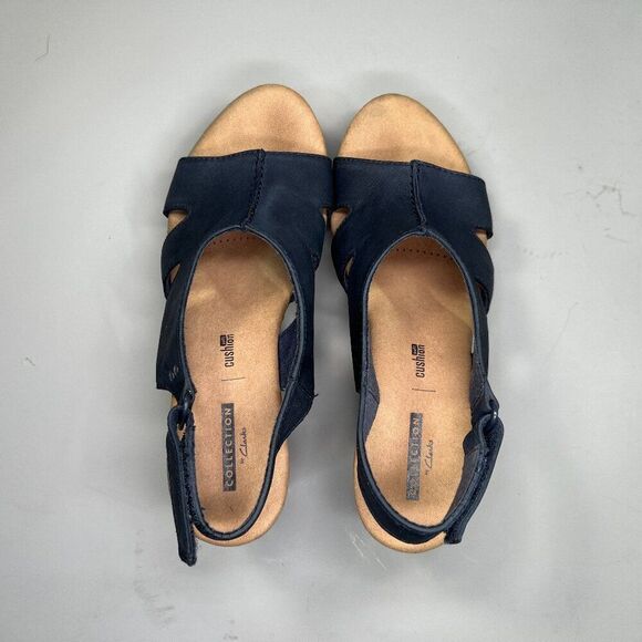 Clarks Sandals Women's Size 8.5 Blue Leather Cork Wedge Platform‎ Adjustable - Picture 9 of 14